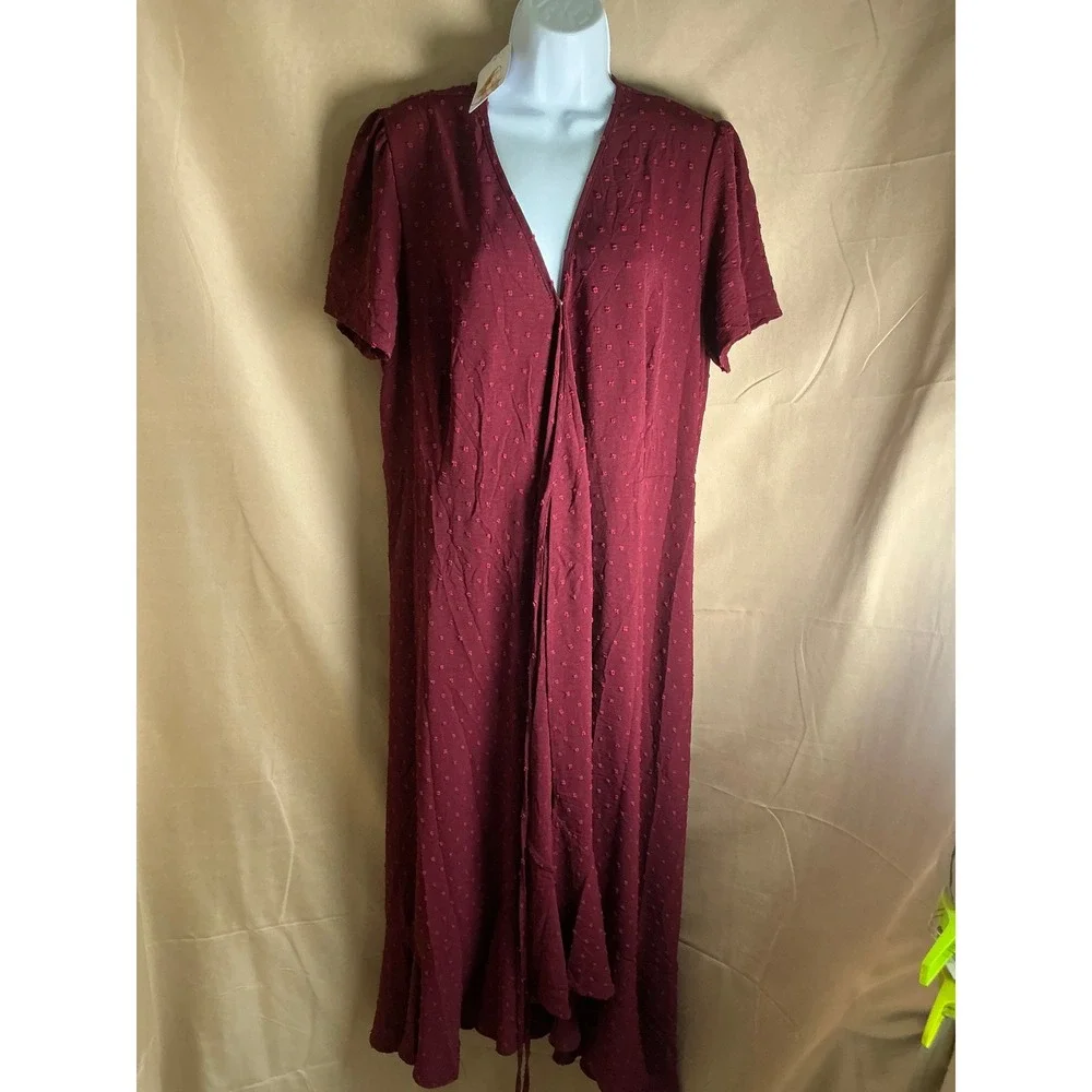 PrettyGarden Swiss Dot Maxi Dress Women Large Burgundy NWT Ruffle V-Neck Short